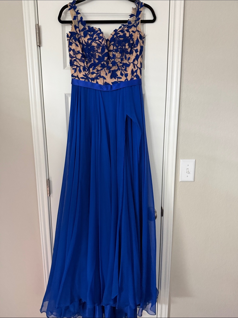 Sherri Hill Royal Blue and Nude Embroidered A-Line Prom Dress